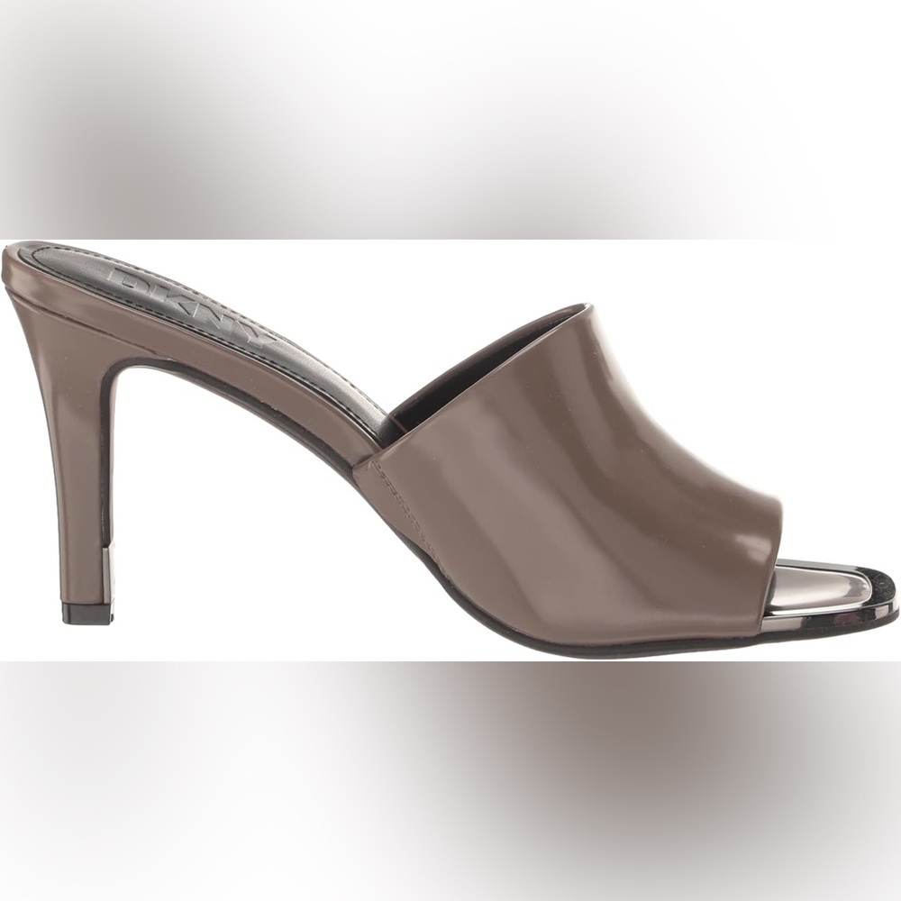 DKNY Taupe Patent Leather Square Toe Stiletto Mules Metallic Detail High Heels - Picture 10 of 14